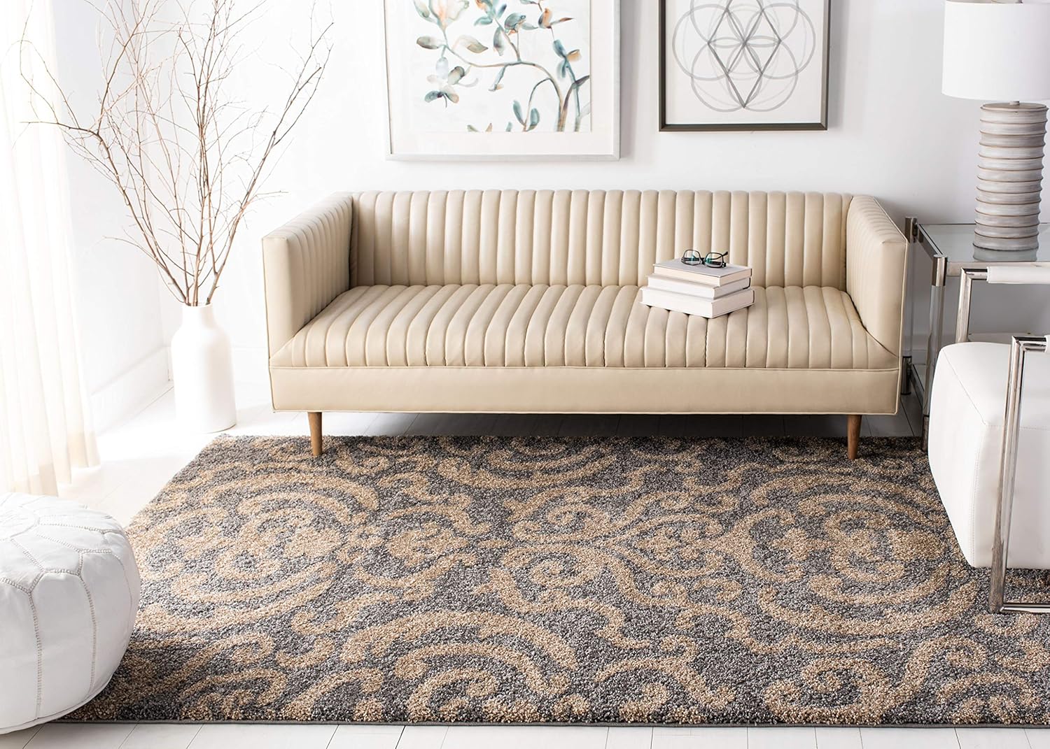 SAFAVIEH Florida Shag Collection Area Rug - 5'3" x 7'6", Grey & Beige, Damask Design, Non-Shedding & Easy Care, 1.2-inch Thick Ideal for High Traffic Areas in Living Room, Bedroom (SG462-8013)