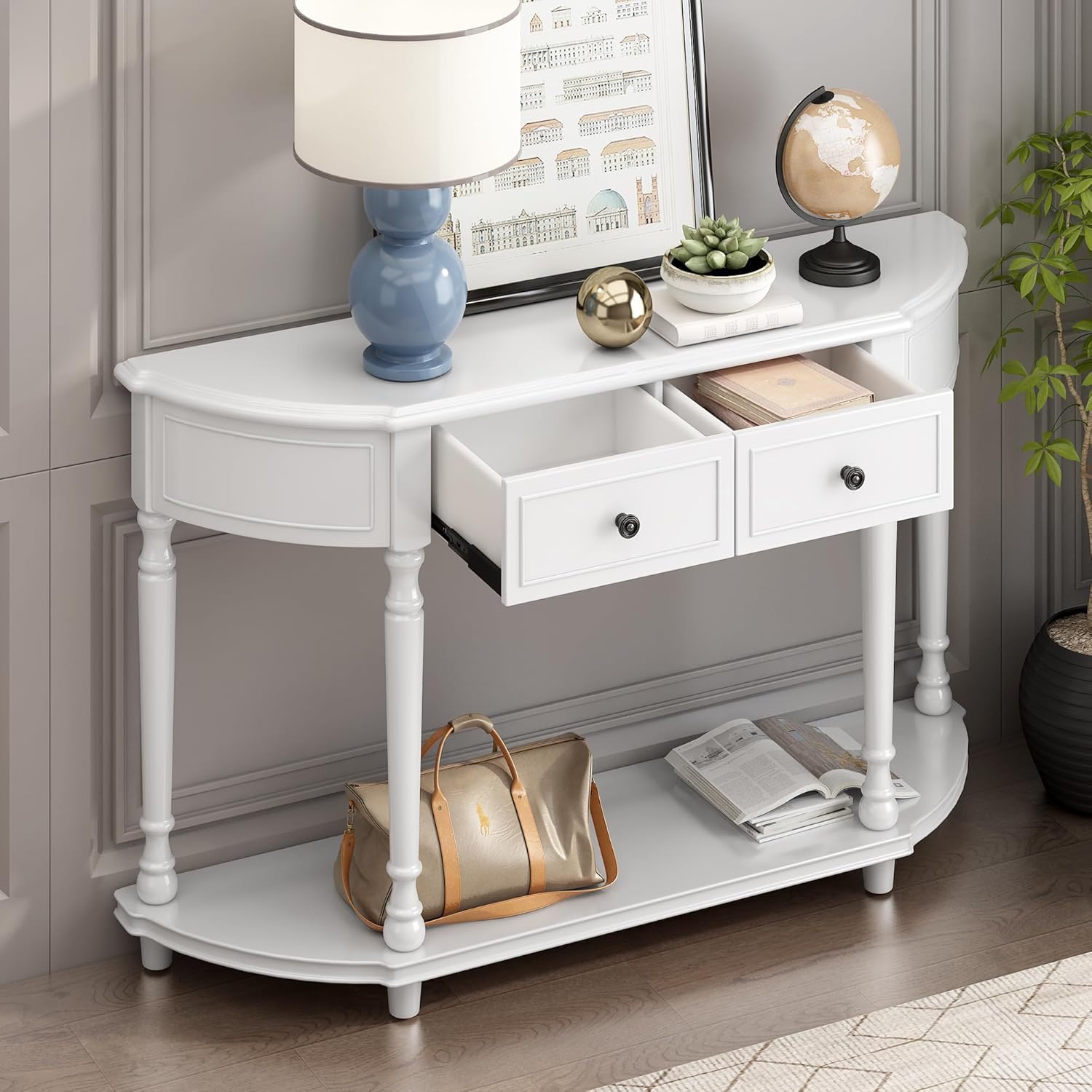 Storage Cabinet Retro Circular Curved Console Open Shelf and 2 Top Drawers, Half Moon Entry Solid Wooden Frame and Legs,Wood Sofa Tables, for Hallway, Living Room, White