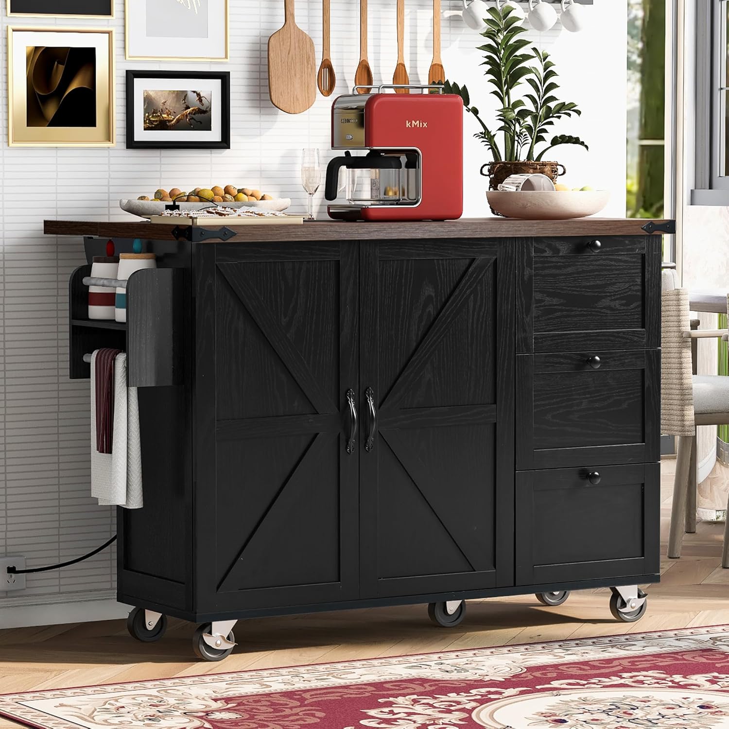 roomfitters 54.5" Farmhouse Kitchen Island with Power Outlet, Kitchen Storage Island with Internal Storage Rack, Drop Leaf, Spice Rack, Rolling Kitchen Cart, for Home, Kitchen and Dining Room (Black)