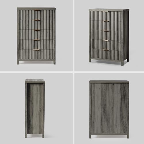 5 Drawers Dresser, 44 Inches Tall Modern Dresser for Bedroom, Curved Profile Design Chest of Drawers, Wood Drawer Organizer for Living Room, Hallway, Entryway (Grey Oak, 2 Pieces)
