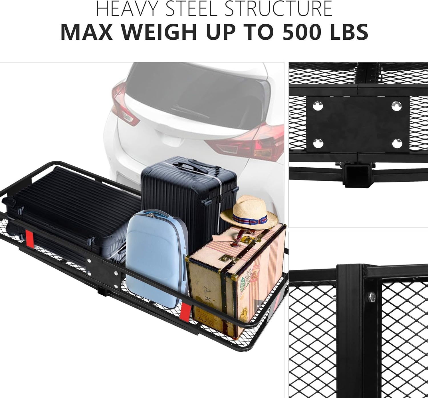 CARSTY 60” x 24” x 6.5” Hitch Mounted Folding Cargo Carrier, 500LBS Capacity Heavy Duty Basket Rack, Fit 2" Receiver Hitch, for Truck SUV Car RV Camping Traveling, Black
