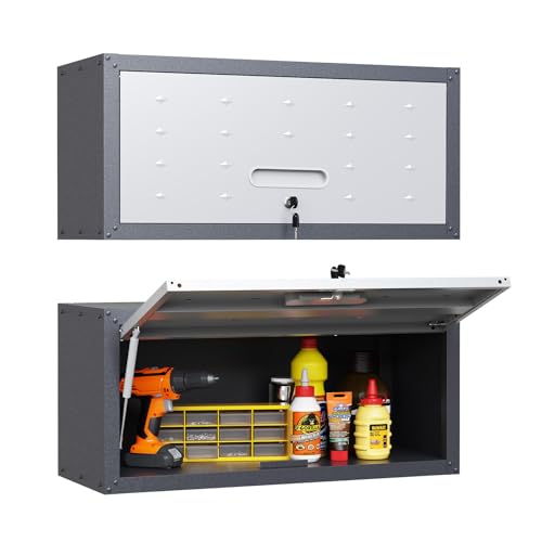 Garage Storage Cabinet Wall Cabinet with 2 Doors,Lockable Tool Cabinets Wall Mounted with Adjustale Shelves,Heavy Duty Steel Hanging Cabinets for Warehouse Kitchen Laundry,Assembly Required