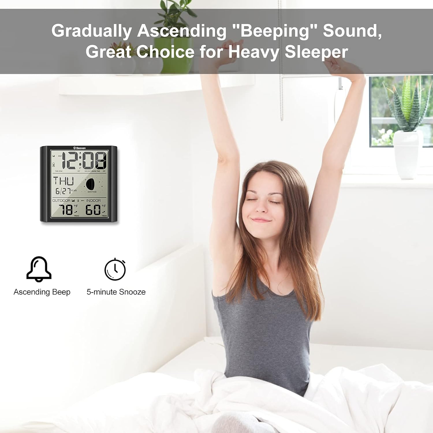 Geevon Digital Atomic Wall Clock,Auto-Set Atomic Alarm Clock with Indoor Outdoor Temperature,Calendar,Moon Phase for Home Office Elderly(1 Wireless Outdoor Sensor) Update
