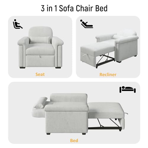 Sleeper Chair Bed, 37.8in Pull Out Sleeper Bed with Polliw, 3 in 1 Convertible Single Sofa Chair Bed with Adjustable Backrest, Chaise Lounge Chair Indoor for Living Room, Bedroom, Salon, Beige
