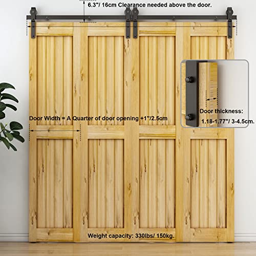 14FT Bi-Folding Sliding Barn Door Hardware Kit for 4 Doors,Slide Smoothly Quietly,Black Track J Shape Roller,No Door