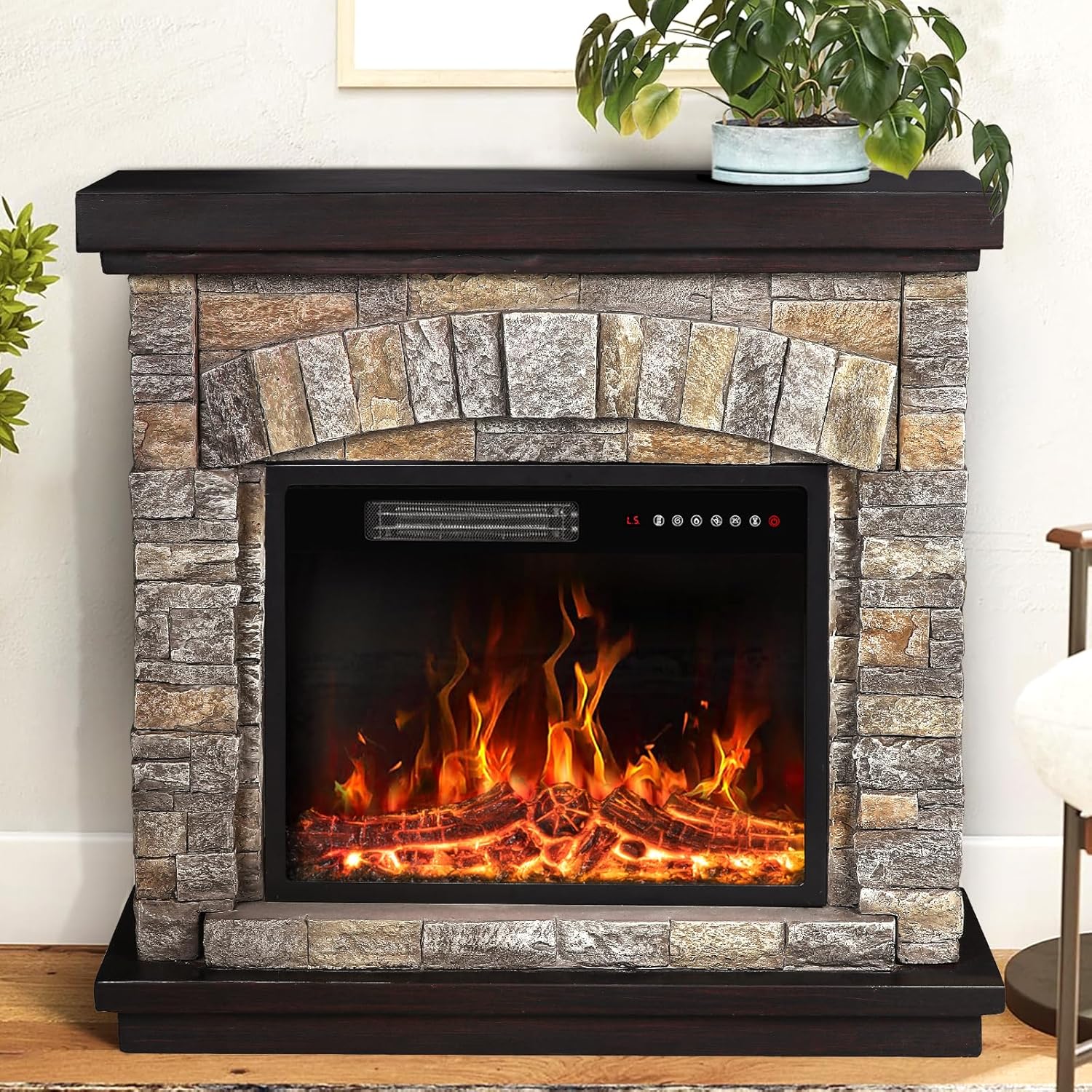 PUKAMI Electric Fireplace with Mantel, 36 inch Freestanding Stone Fireplace Heater TV Stand with Remote Control, Realistic Flame Effect and 3D Log, 750W/1500W