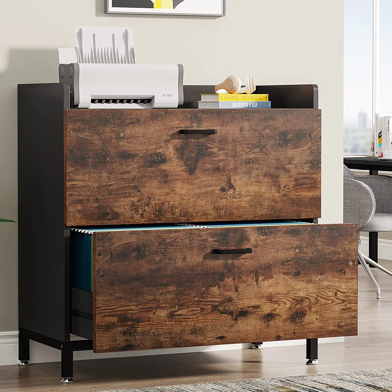 Tribesigns Lateral File Cabinets, Industrial Wood 2-Drawer Filing Cabinets for Hanging Files Letter/Legal/F4/A4 Size, Rustic Brown