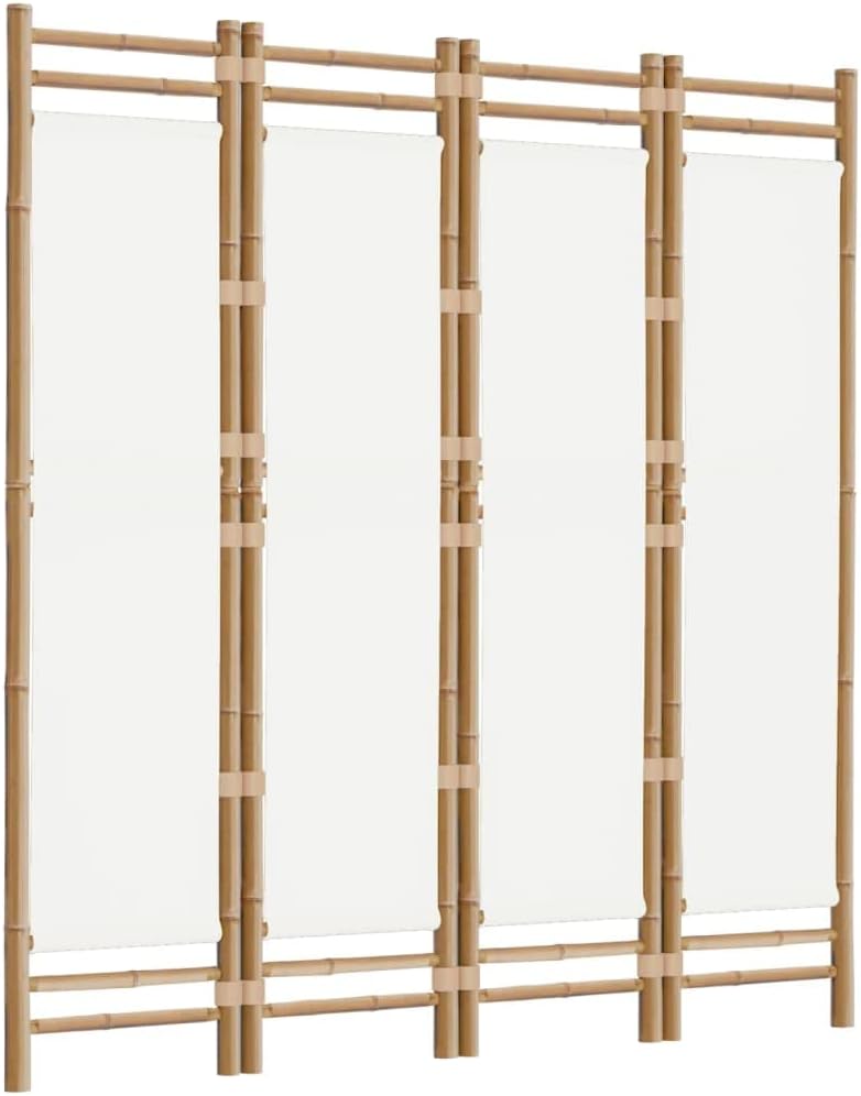 Folding 4-Panel Room Divider 63" Bamboo and Canvas,Bamboo Room Divider for Privacy and Style, Foldable Partition for Any Room, Cream White Furniture for Bedroom