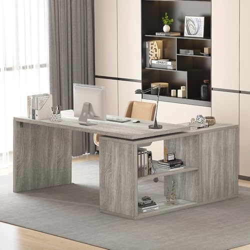 HSH L Shaped Computer Desk, Rustic Wood Corner Desk, Industrial Writing Workstation Table with Cabinet Drawer Storage for Home Office Study, Grey 55 inch