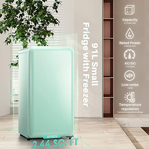 Kismile Retro Mini Fridge with Freezer,Small fridge with Adjustable Removable Glass Shelves, Mechanical Control, Compact Refrigerator for Office, Dorm, Bedroom