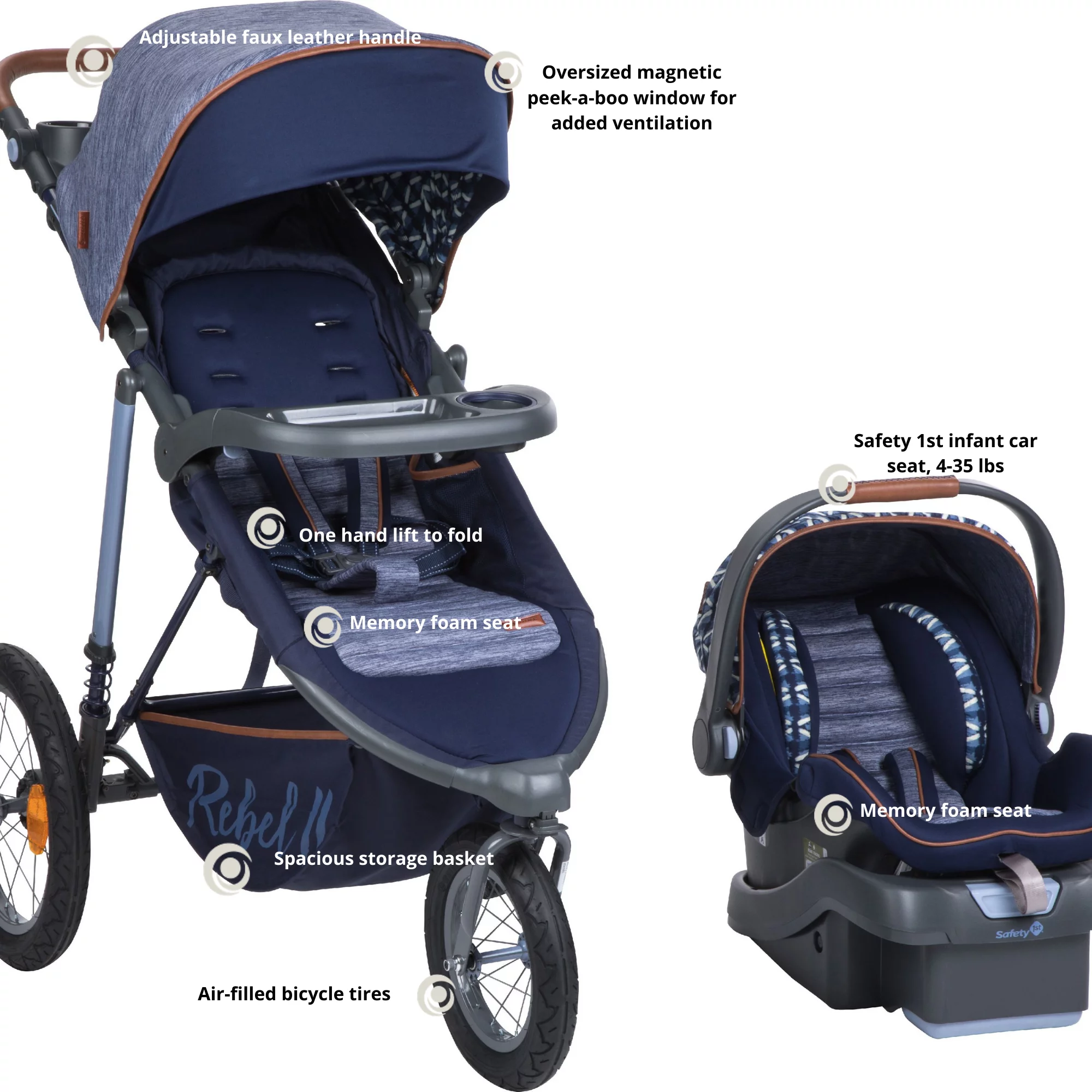Monbebe Rebel II Complete Jogging Travel System Stroller with Rear-Facing Infant Car Seat, Boho
