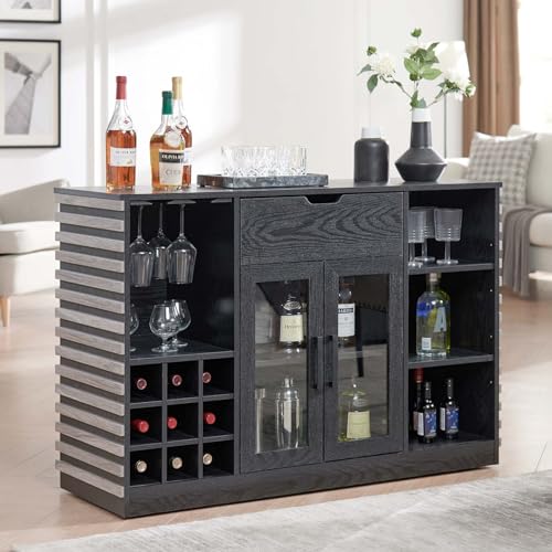 Home Source Deluxe 47.5" Wine Bar Cabinet with Open Wine Rack, Liquor Shelves Buffet Storage Sideboard with Glass Door & Drawer for Kitchen Credenza Dining Room Living Room, Grey