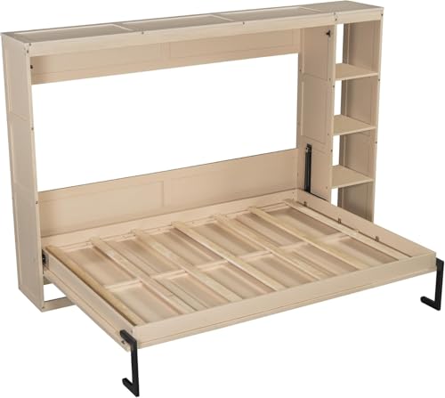 Full Murphy Bed with Storage Shelves,Wood Murphy Bed Cabinet with Storage Bookcase,Fold Up Bed Modern Murphy Wall Bed Full Size (White,Full)