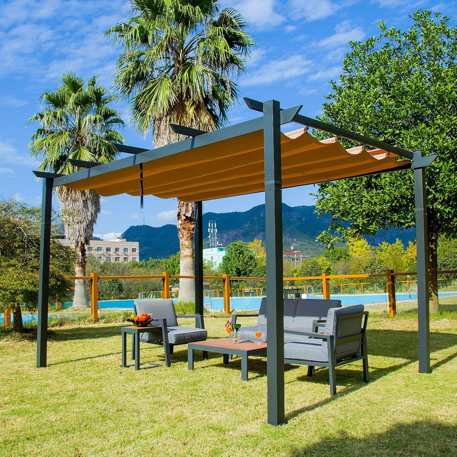 Outdoor Pergolas (2021 New) - Patio Aluminum Retractable Pergola Outdoor Gazebo Heavy Duty Grape Trellis Sunshade Canopy with Natural Wood Looking Finish by domi outdoor living (Martinique 10x13ft)