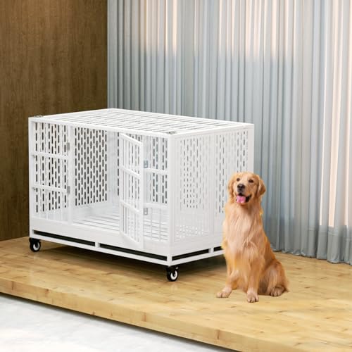 48 Inch Heavy Duty Dog Crate with Wheels, Folding Metal Big Dog Cage for Large and Medium Dogs, Extra Large XL XXL Indestructible Dog Crate with Removable Tray.