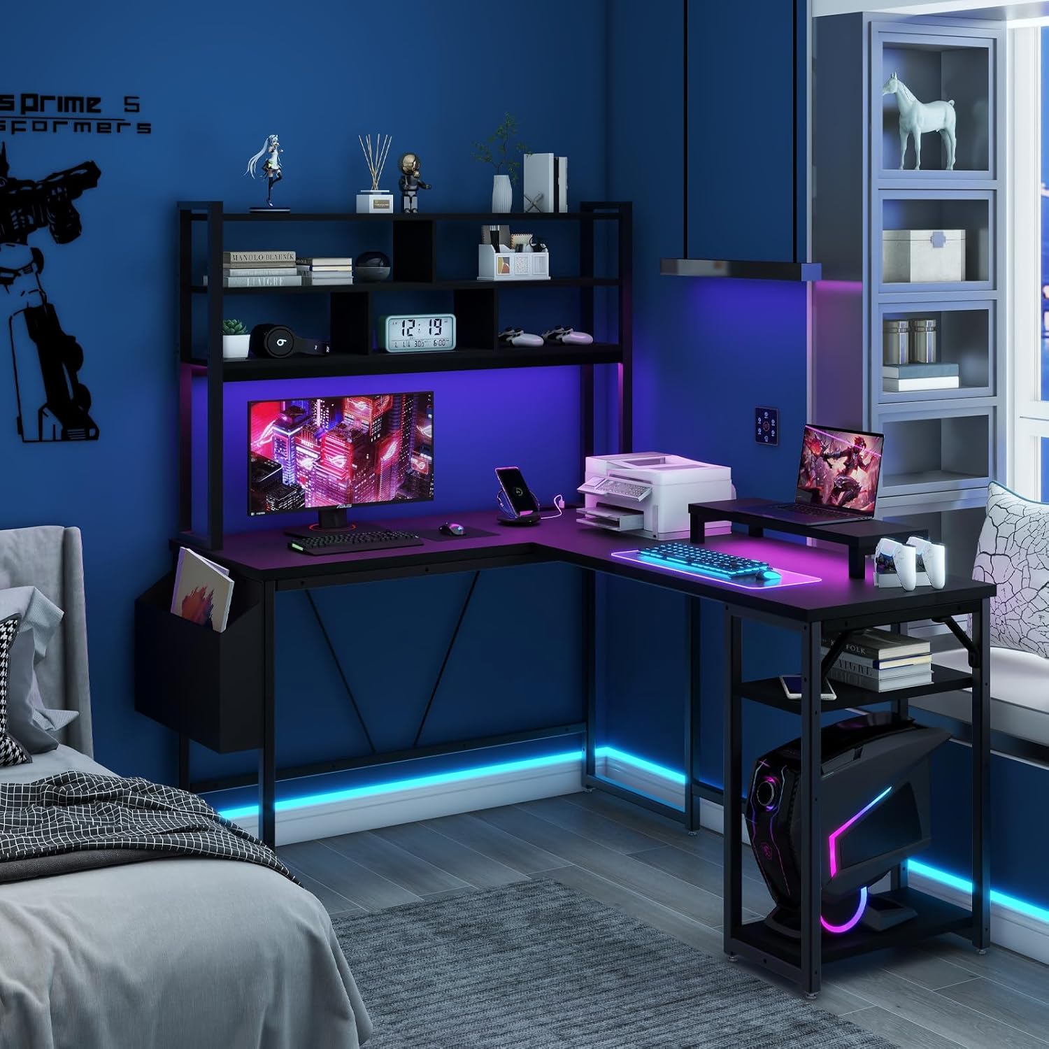 L Shaped Computer Desk with LED Sensor Lights and Power Outlets, Reversible L Shape Gaming Desk with Storage Bag and Hutch Monitor Stand, Home Office Desk with USB Port
