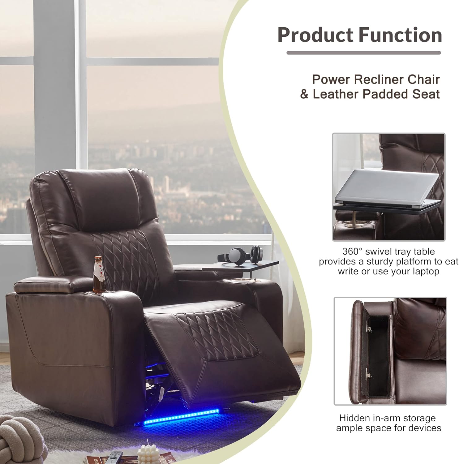 Power Motion Chair with USB Charging Port and Hidden Arm Storage 2 Convenient Cup Holders Design and 360° Swivel Tray Table,Assisted Reclining Furniture for Elderly & Disabled, Brown