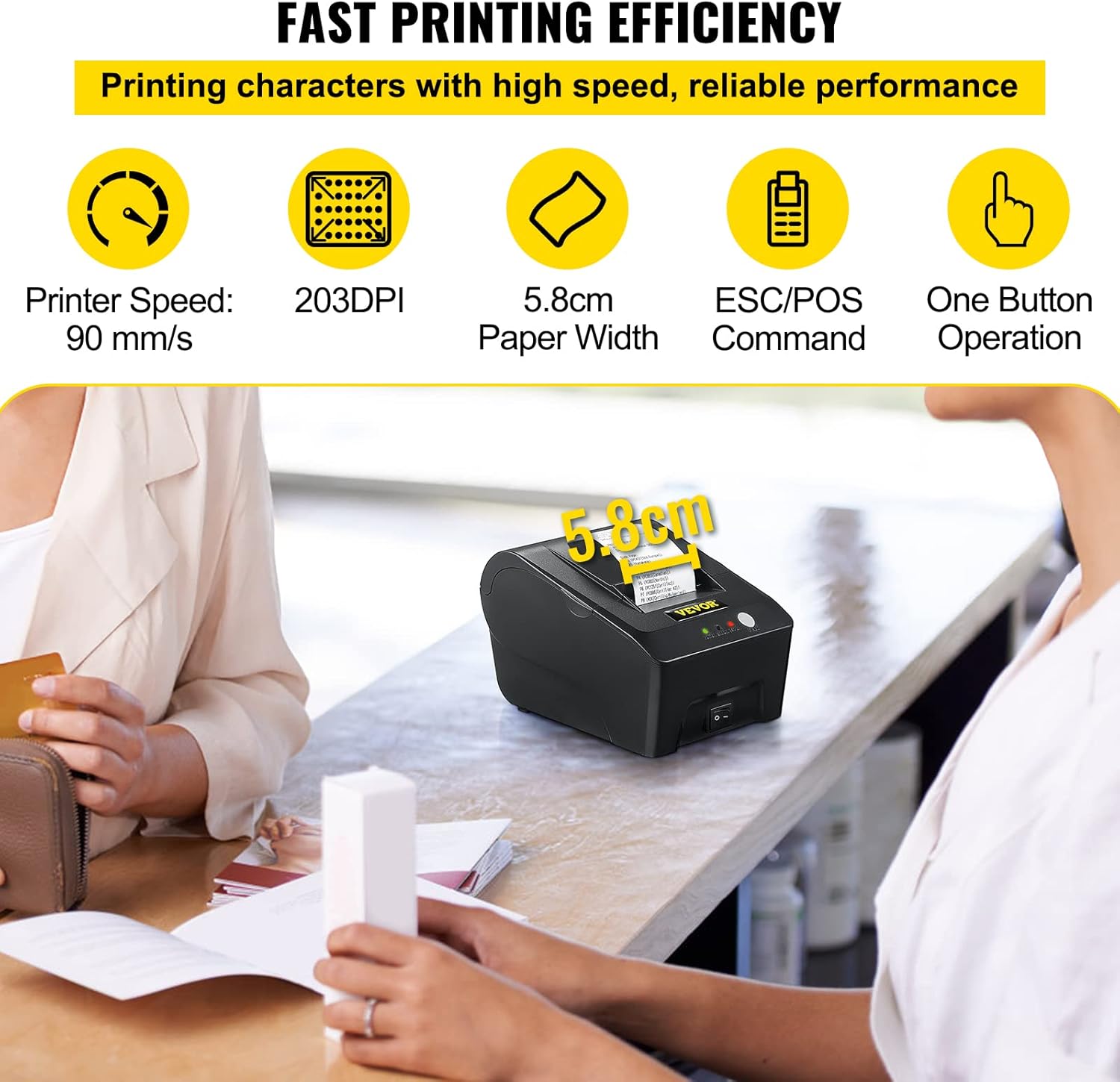 VEVOR Printer Receipt, 58mm Thermal Printer, USB Port Printer, ESC/POS Command Thermal Receipt Printer, Portable for Bank, Supermarket, Office, Restaurant Support Win 2003/XP/7/8/10 & Cashbox Driver