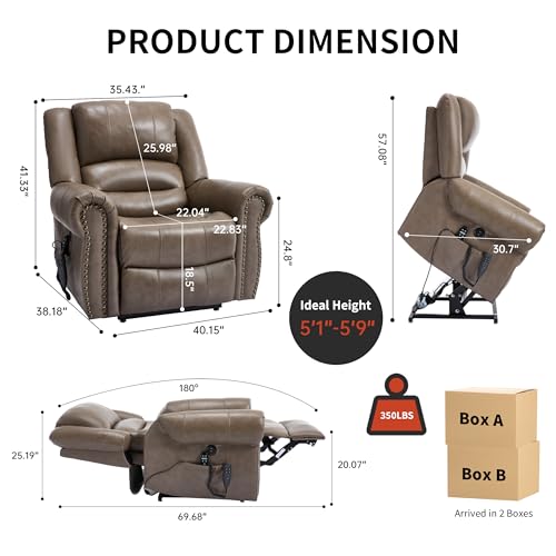 Dual Motor Power Lift Chair, Lay Flat Recliner Chair, Electric Recliner with Massage and Heat for Elderly, Remote Control, Infinite Position, Standing Assistance, USB Ports, Faux Leather, Brown