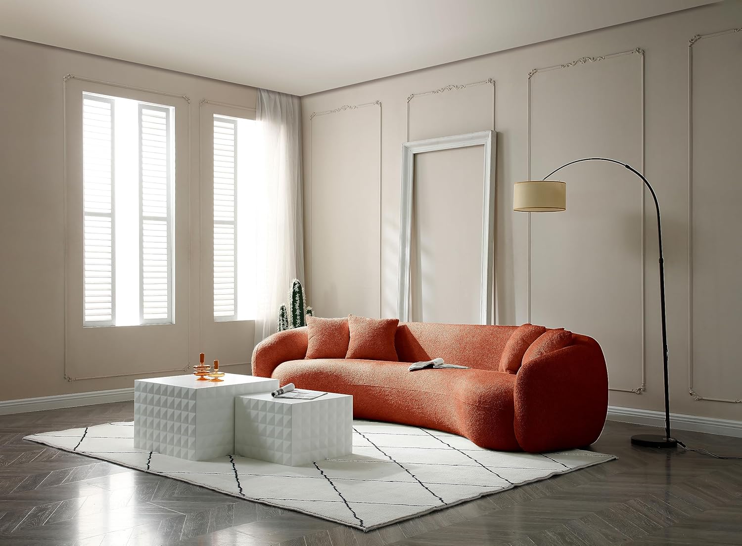 102'' 5 Seater Boucle Sofa Modern Sectional Half Moon Leisure Couch Curved Sofa Teddy Fleece Orange