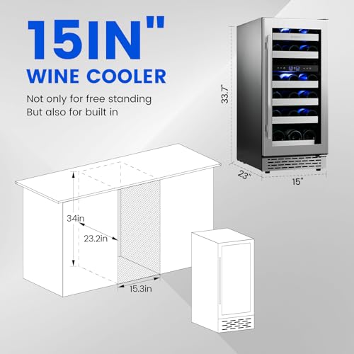 15" Wine Cooler Refrigerator Dual Zone-28 Bottle Capacity, Seamless Reversible Doors, Shelves Stainless Steel Edged, Built-in or Freestanding Wine Cooler for Home and Kitchen