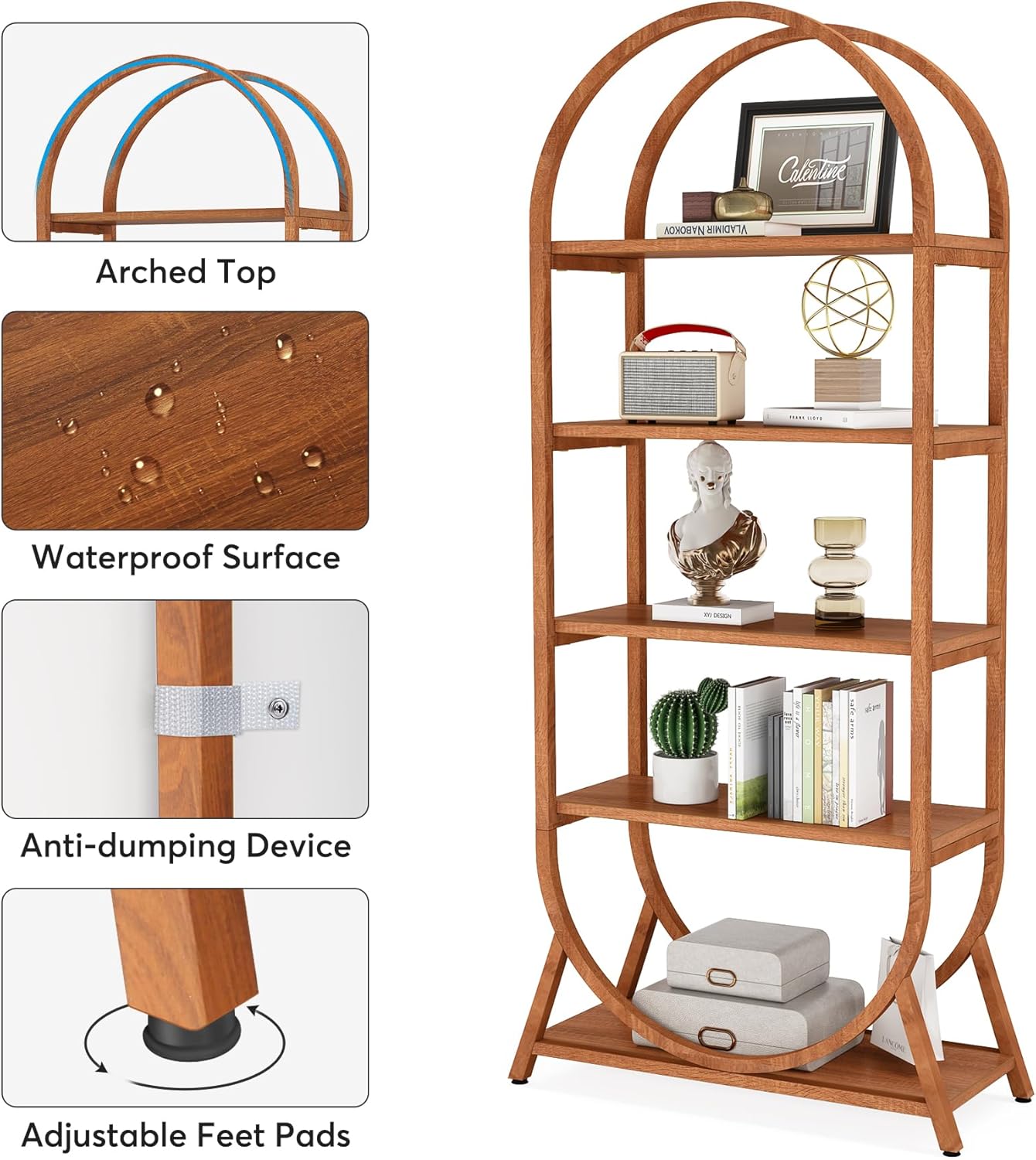 Tribesigns 5-Tier Open Bookshelf, 70.8" Tall Arched Bookcase, Modern Brown Storage Bookshelves, Freestanding Display Rack Shelving Unit for Office, Bedroom, Living Room, Easy Assembly (1PC)