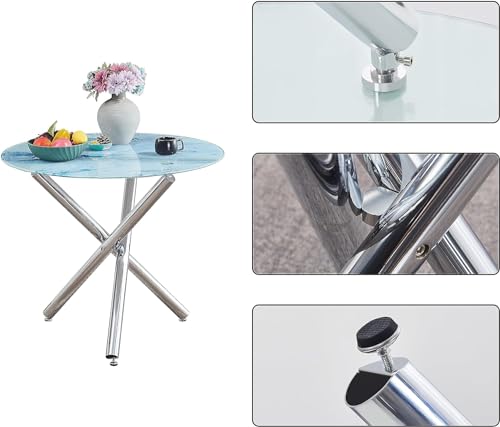 Round Glass Dining Table Set 5 Pieces Dining Table Chair Set for Home Kitchen Round Tripod Chrome Legs Table with 4 PU Chairs, Contemporary Dining Room Furniture Set for Small Space