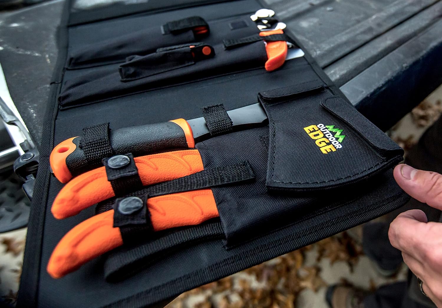 Outdoor Edge Outfitter, 9-Piece Field to Freezer Hunting & Game Processing Knife Set with Caping Knife, Gut-Hook Skinner, Boning/Fillet Knife, Sharpener, Axe, Wood/Bone Saw, Spreader, Gloves