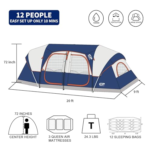 CAMPROS CP Tent 12-Person-Camping-Tents,3 Room Family Tents,Waterproof Windproof Family Tent with Top Rainfly,6 Large Mesh Windows,Double Layer,Easy Set Up, Portable with Carry Bag-20' x 9' x 72"(H)