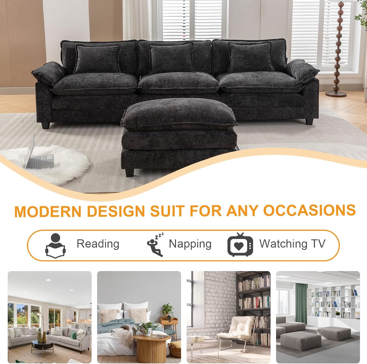 IPKIG 117" Sectional Sofa, Chenille L-Shaped Couch Comfy Upholstered 3-Seat Sofa with Ottoman, 3 Lumbar Pillow, Deep Seat Modular Oversized Couch for Living Room, Apartment, Studio (Black, 4-Seat)