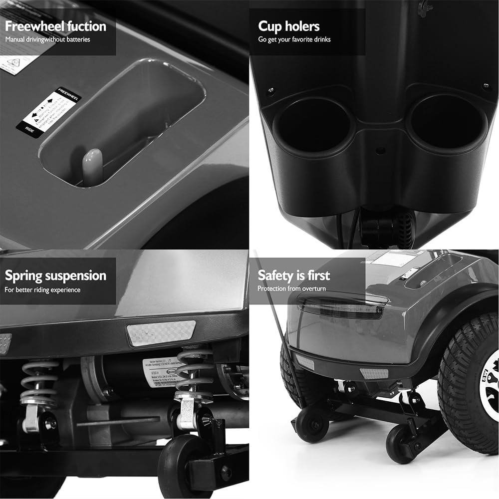 4 Wheel Mobility Scooter Foldable Mobility Scooter for Adults & Seniors 300 lbs Capacity Compact for Travel Long Range Power Extended Battery with Charger Basket and Front LED Light -Grey