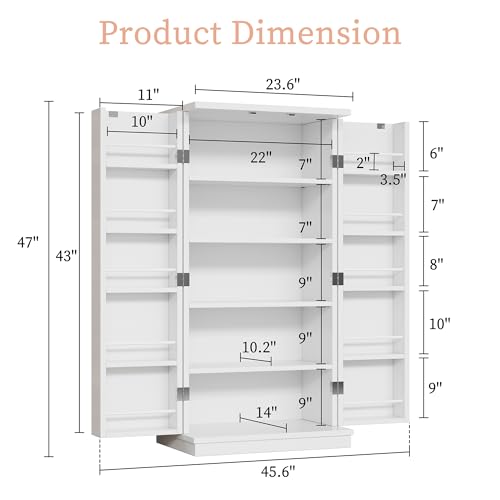 Meilocar 47in Pantry Cabinet, Wooden Kitchen Storage Cabinets Freestanding Cupboard with Doors & Adjustable Shelves, Storage Cabinet for Kitchen, Living Room, Dining Room, Office(Black)