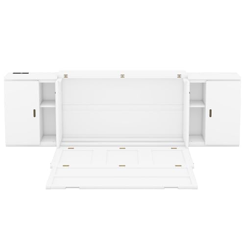 Queen Size Mobile Murphy Cabinets Bed with USB Ports, Traditional Solid Wood Murphy Bed Floor Storage Bed for Guest Room Home Office, No Box Spring Required (White-M5)