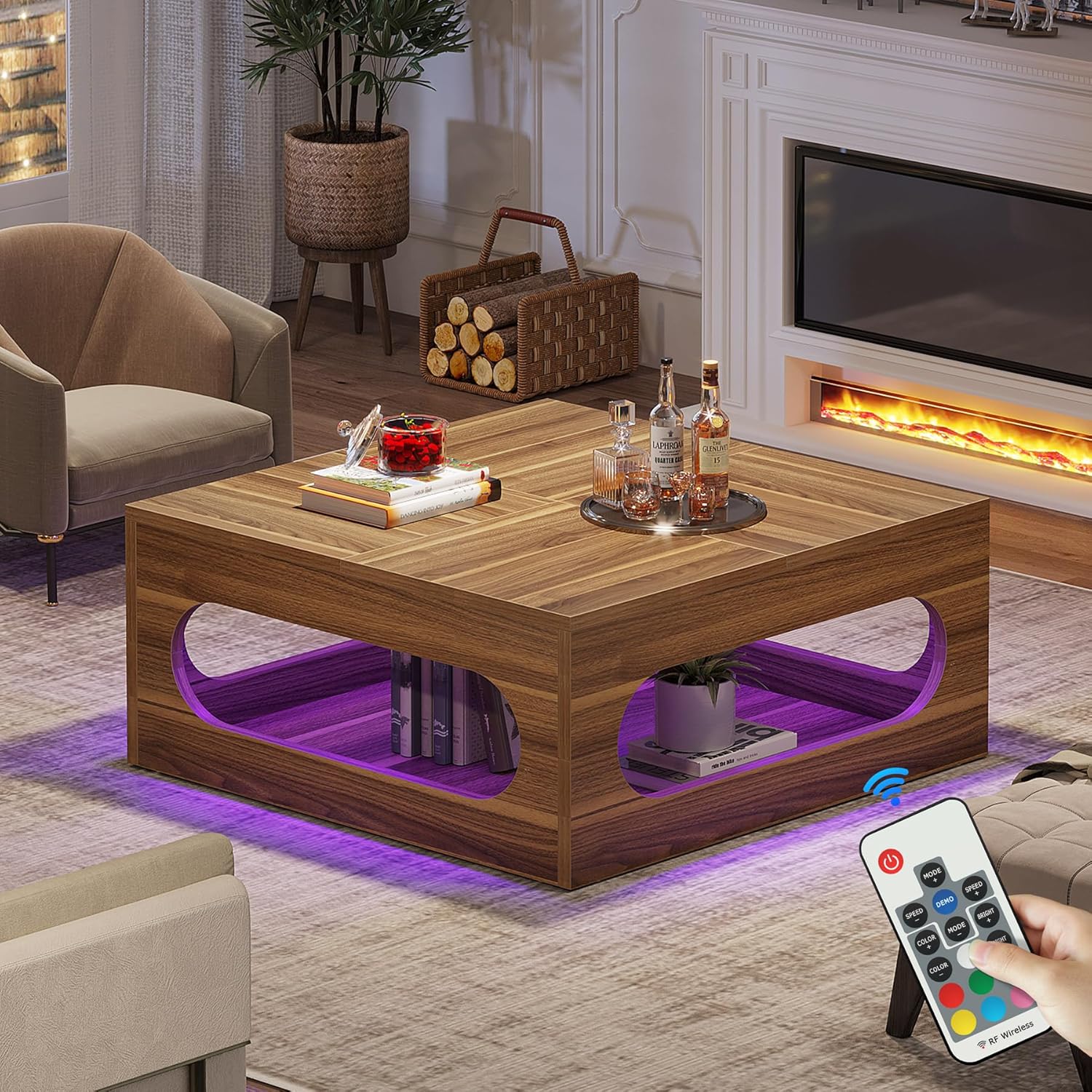 Tribesigns 43-Inch Coffee Table with LED Light, Square Coffee Table with Storage, Wood Cocktail Table, Farmhouse Center Table for Living Room Home Office, Brown