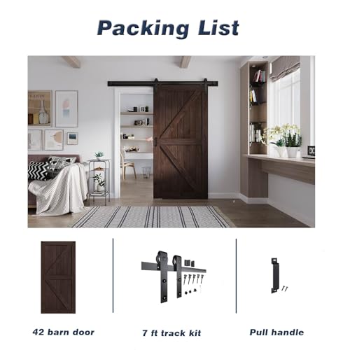 FREDBECK 36in x 84in Brown Barn Door with 6.6ft (79inch) Barn Door Hardware Track Kit and Handle Included, Double Surfaces,Simple Assembly is Required,K-Frame,Coffee