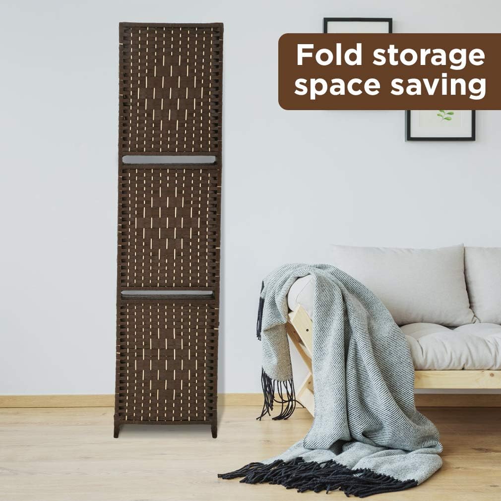 6Ft Tall Wooden Folding Privacy Screen 6 Panel Room Divider with Shelves Portable Partition Divider Wall Freestanding Privacy Panel for Home Office Privacy Protection, Brown