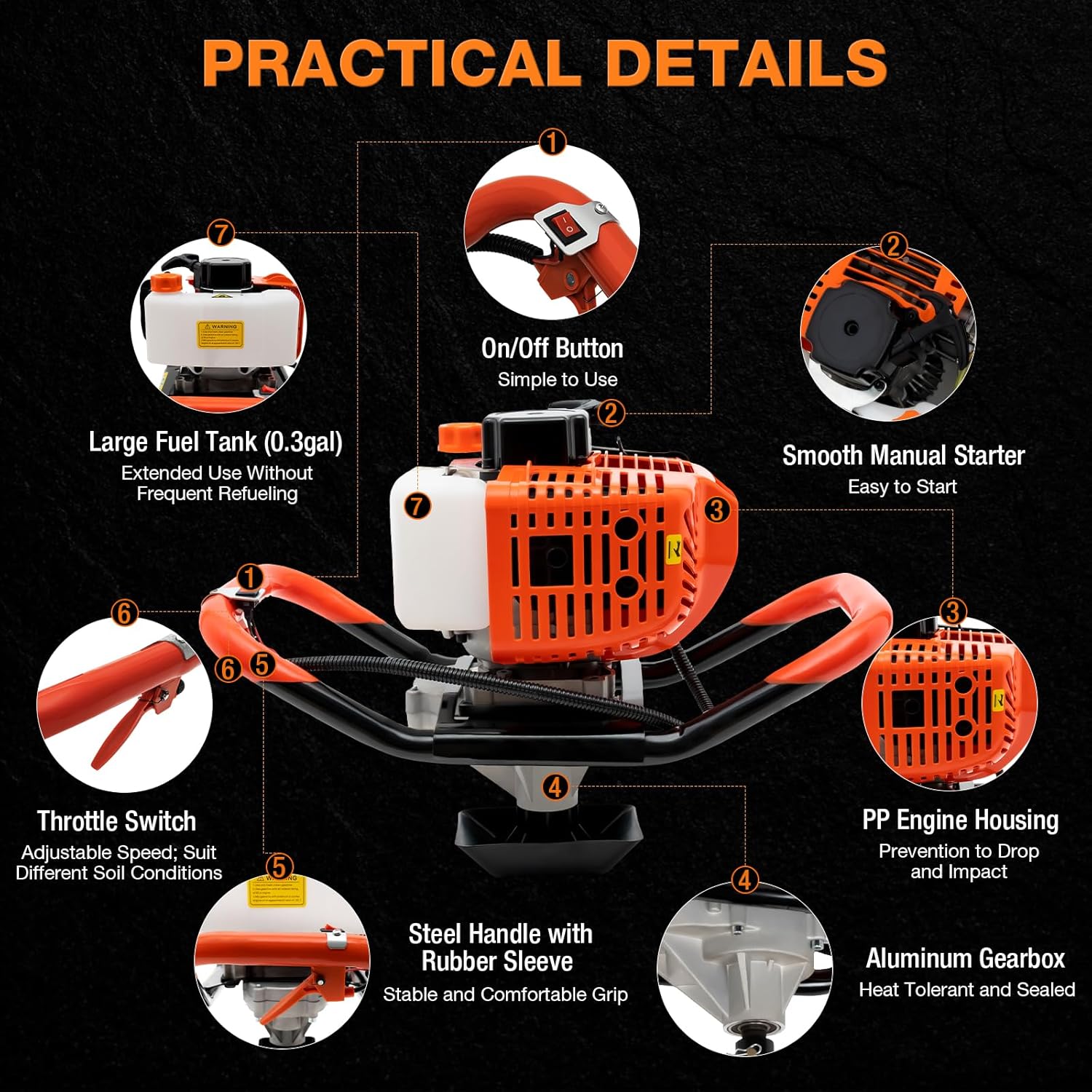 52cc Gas Powered Earth Auger Post Hole Digger Borer Fence Ground Drill with 4", 6", 8" Bits - Powerful 2-Stroke Engine, for Farm Garden Digging/Drilling/Planting (Subcontract delivery)