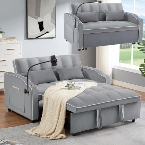 3-in-1 Convertible Sofa Bed - Modern Velvet Sleeper Sofa Chair Bed with Pull Out Bed, Adjustable Backrest, Chaise Lounge with USB Ports, Cup Holder, Side Pocket and Pillows (Black)