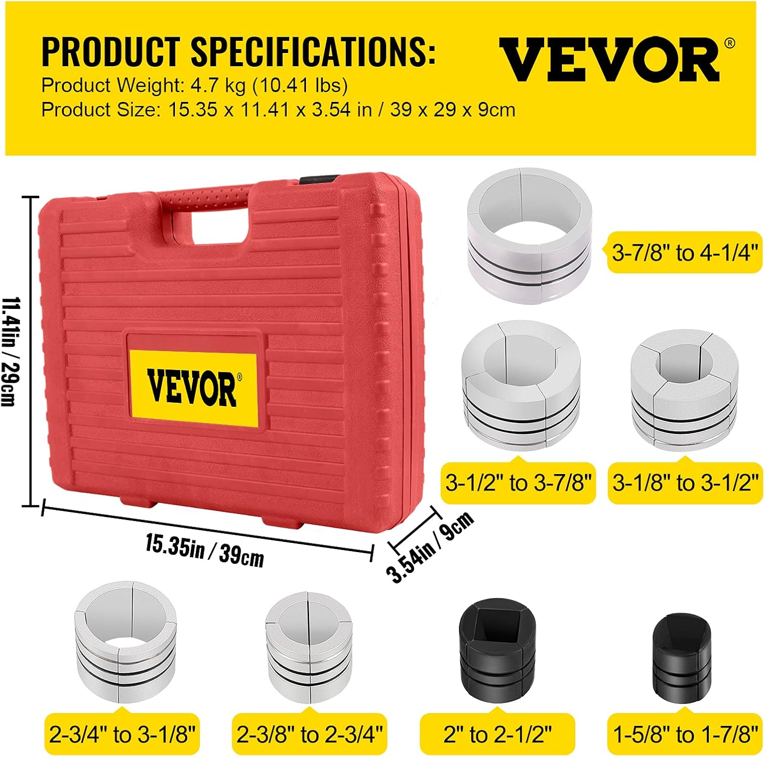 VEVOR Pipe Stretcher Kit, Exhaust Pipe Stretcher Kit 1-5/8 to 4-1/4, Exhaust Pipe Expander Kit for Tail Pipe Tube, Exhaust Pipe Expander Tool w/Storing Case, 7 Pcs Pipe Expander, Exhaust Stretcher