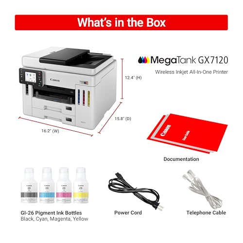 Canon Megatank GX7120 Wireless All-in-One Printer, Print, Copy, Scan and Fax with 2.7" LCD Touch Screen and Auto Document Feeder, White