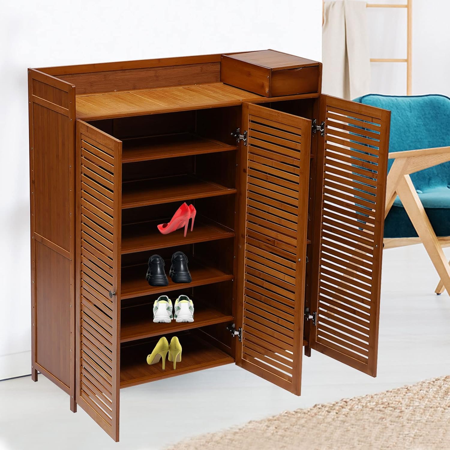 7-Tier Shoe Storage Rack with 3 Doors, Bamboo Rack Organizer Cabinet Wood Freestanding Shoe Storage Cabinet for Entryway Hallway Closet, 38.6" L×12.6" W×45.3" H