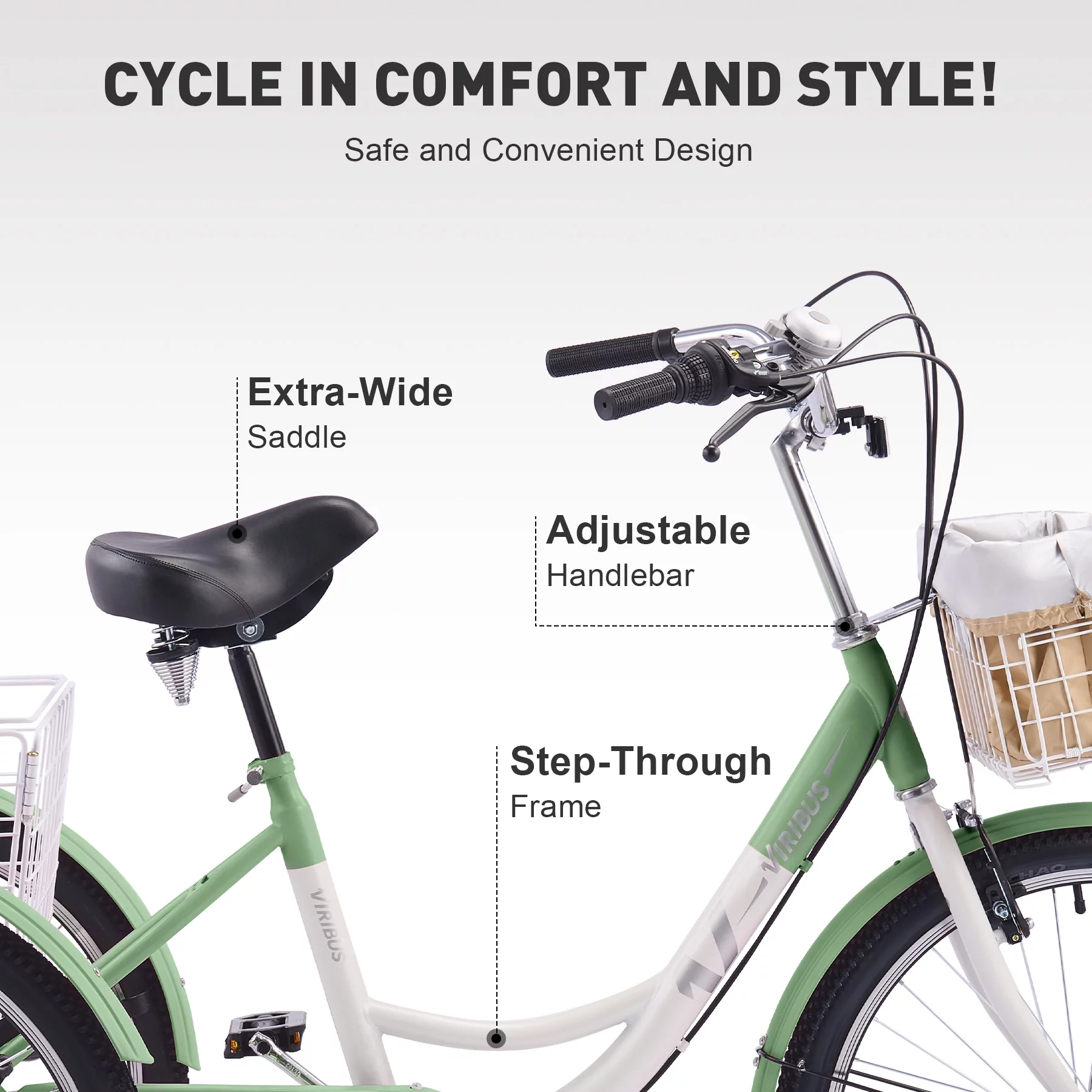 VIRIBUS Tricycle for Adults 26 Inch Bike w 7 Gears Front Rear Basket Mint White