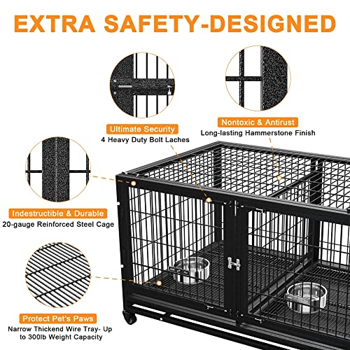 54/48/42/38 inch Heavy Duty Indestructible and Escape-Proof Dog Crate Cage Kennel for Large Dogs, High Anxiety Dog Crate with Removable Wire Trays and Wheels, Extra Large XL XXL