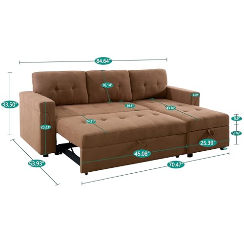 Naomi Home Jenny Sectional Sofa Sleeper with Storage Chaise, Tufted Pull Out Couch with Storage, L-Shaped Reversible Sleeper Sofa with Storage, Black,Air Leather