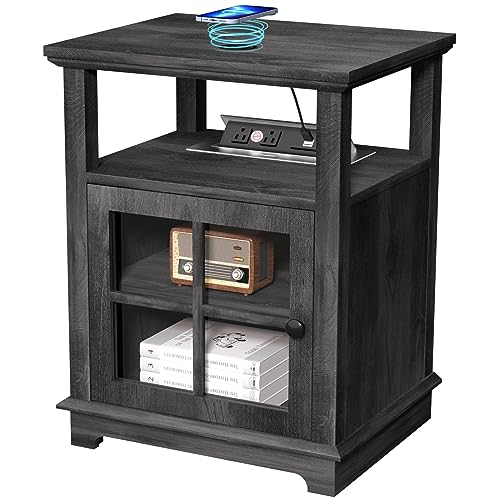 End Table with Charging Station, Side Table with Storage, White Nightstand with Adjustable Shelf, Wireless Charging End Table for Living Room, Bedroom