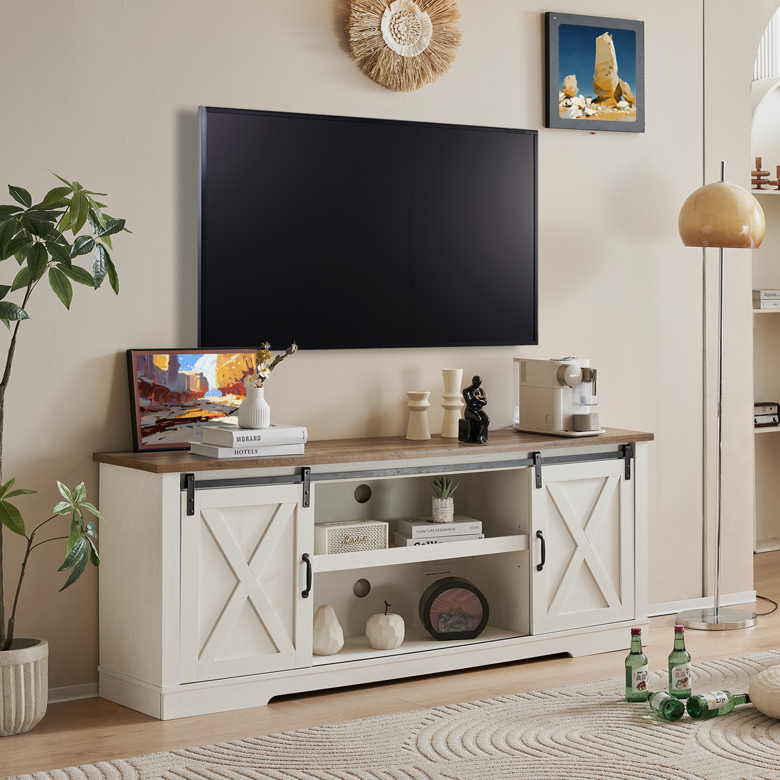 AMERLIFE Farmhouse TV Stand for 75 Inches TVs, 66" Entertainment Center with Siding Barn Door and Adjustable Shelf & Feet, Console Table with Storage, Distressed White & Rustic