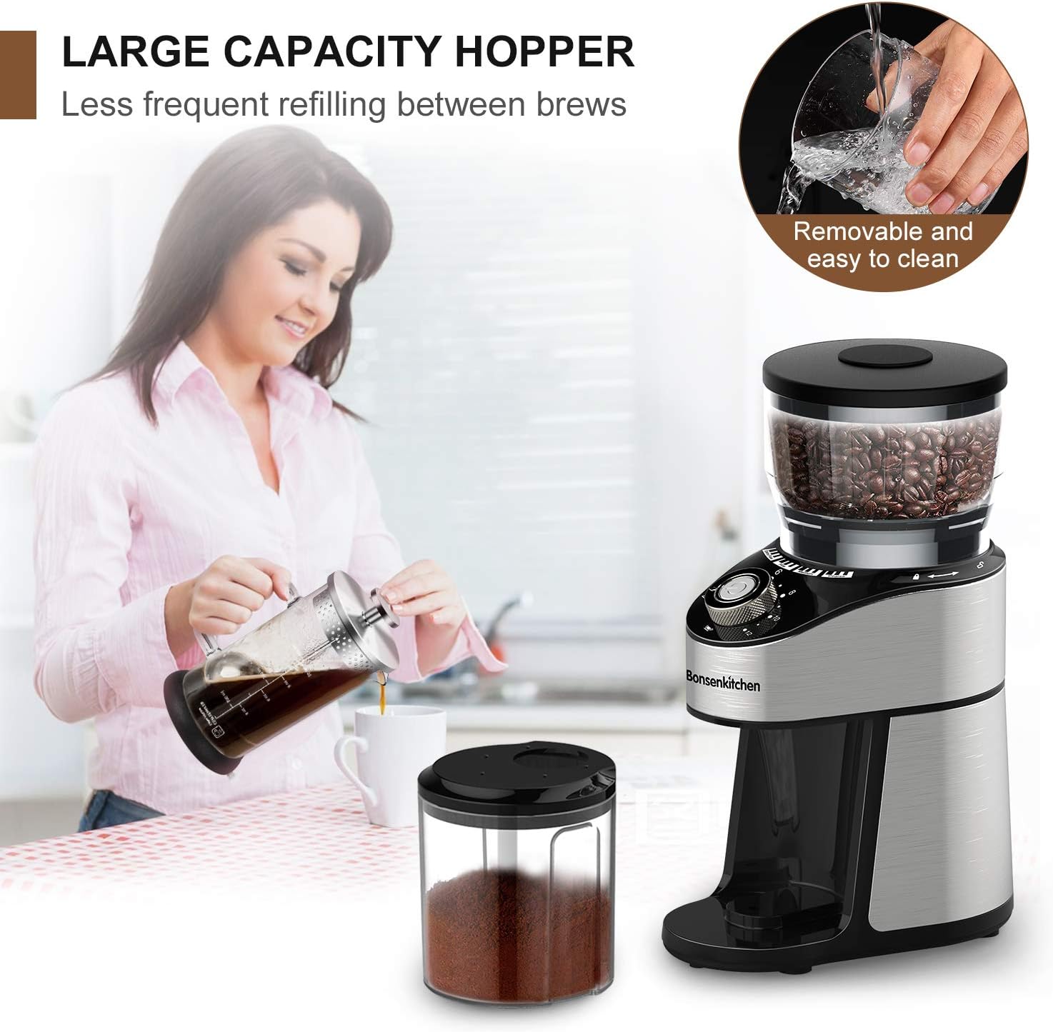 Electric Burr Coffee Grinder, Automatic Conical Burr Mill Coffee Bean Grinder with 12 Precise Grind Settings and Cup Selection, Large Capacity, Stainless Steel