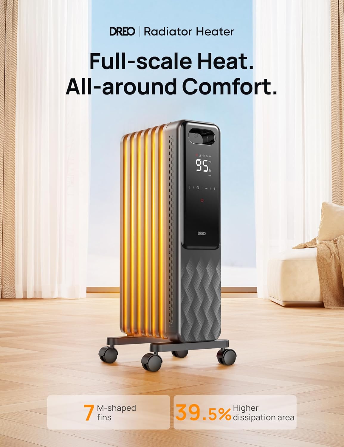 Dreo 1500W Oil Filled Radiator Heater Bundle with Remote Control, 4 Modes, Overheat & Tip-Over Protection, 24h Timer, Digital Thermostat