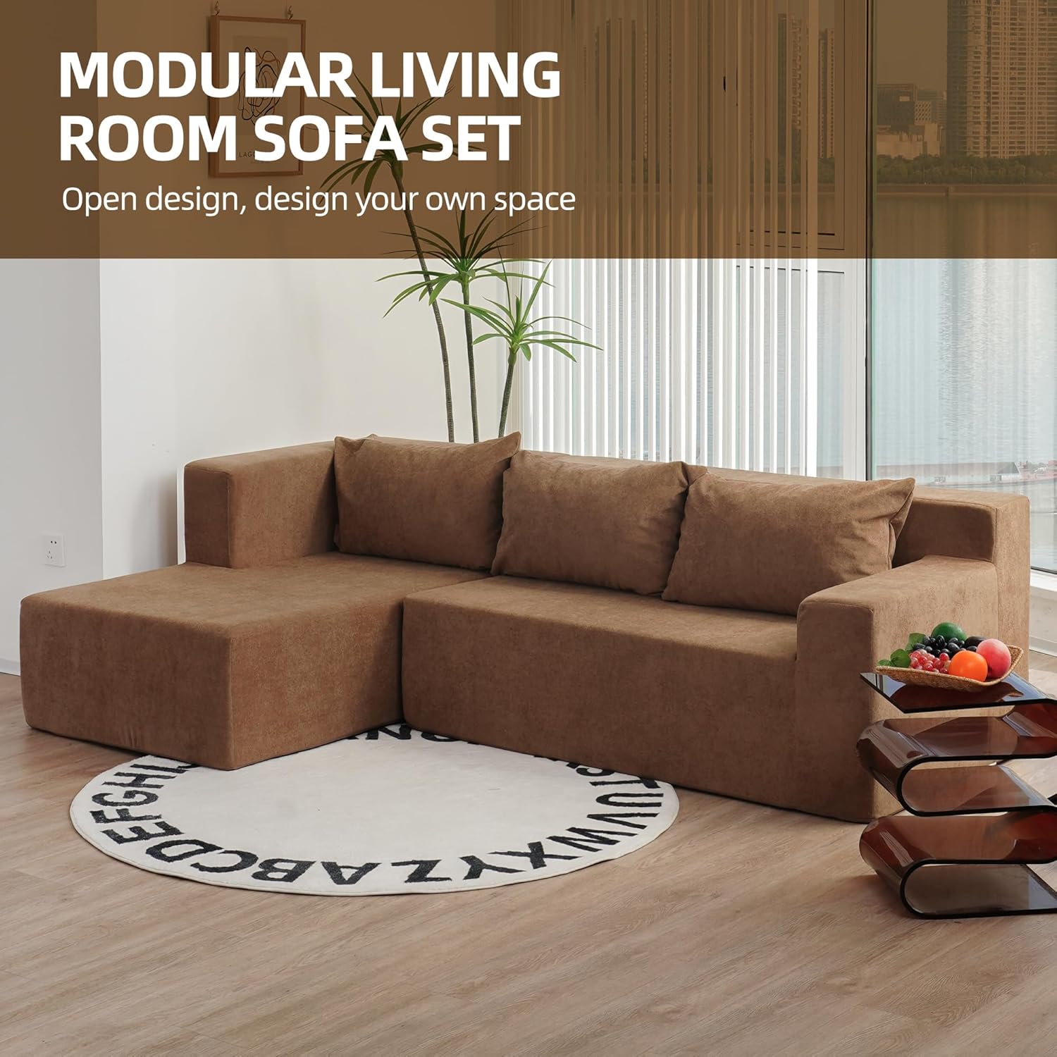 Modern L-Shape Modular Sectional Couch with Chaise Lounge, Comfy Snow Velvet Fabric Sofa for Living Room & Apartment, Stylish & Versatile Upholster, khaki