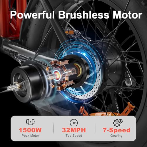 Electric Bike for Adults, 1500W Motor, 48V 18Ah Removable Battery, 20" Fat Tire Ebike, 7-Speed Transmission, Up to 32MPH and 68+ Miles Range, All-Terrain E-Bike (G52)